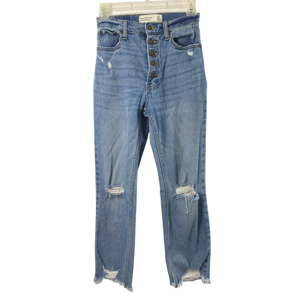 Abercrombie & Fitch Button Fly Jeans Womens 24 Light Wash Denim Distressed Ankle